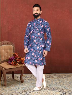 Men Blue Cotton Digital Printed Kurta Churidar Set 1