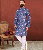 Men Blue Cotton Digital Printed Kurta Churidar Set
