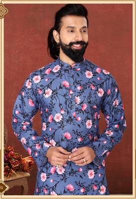 Men Blue Cotton Digital Printed Kurta Churidar Set 7
