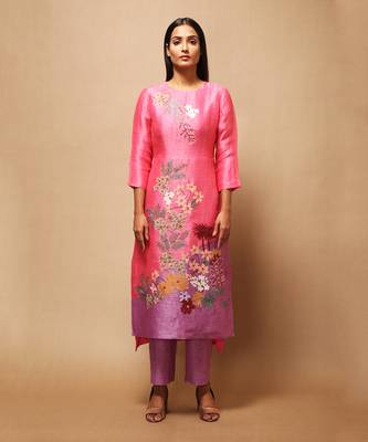 Linen Embroidered Purple Kurta Sets 1