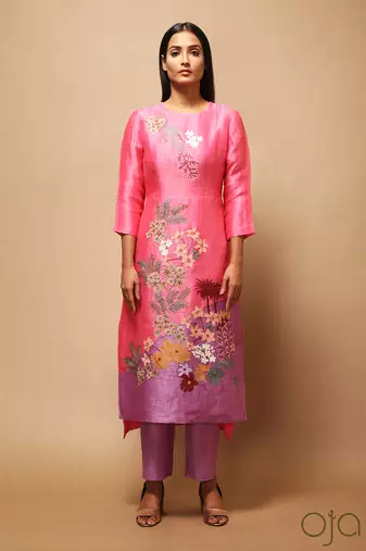 Linen Embroidered Purple Kurta Sets