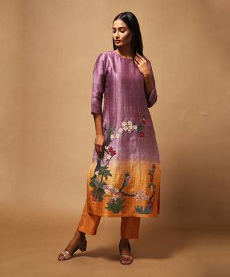 Linen Embroidered Yellow Kurta Sets 1