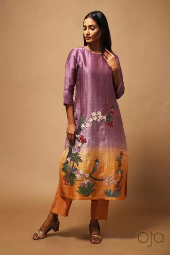 Linen Embroidered Yellow Kurta Sets
