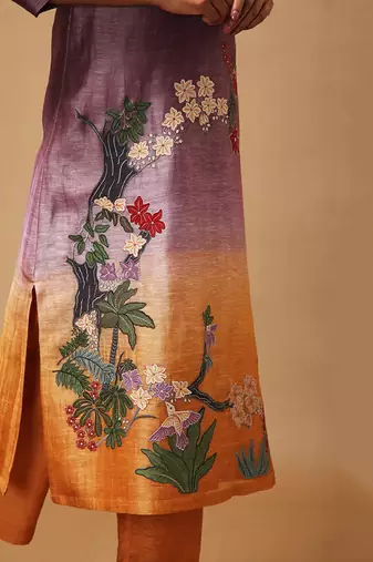 Linen Embroidered Yellow Kurta Sets
