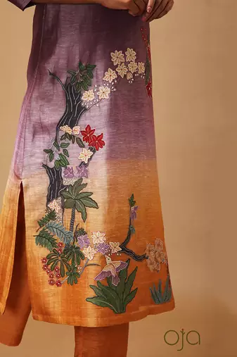 Linen Embroidered Yellow Kurta Sets