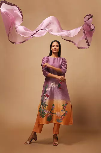 Linen Embroidered Yellow Kurta Sets