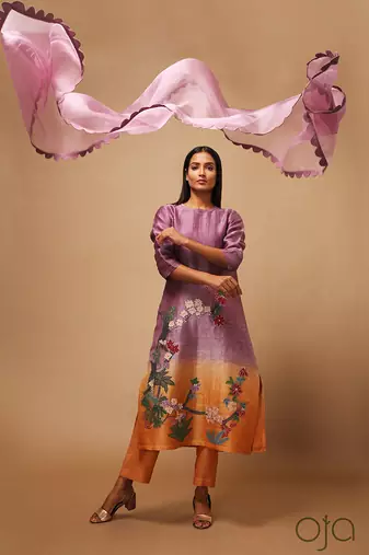 Linen Embroidered Yellow Kurta Sets