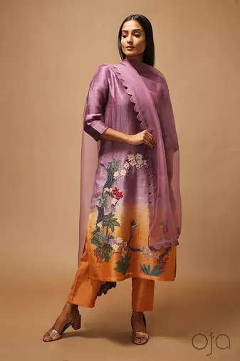 Linen Embroidered Yellow Kurta Sets