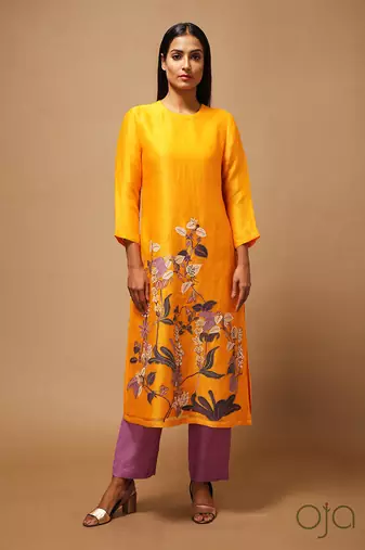 Linen Embroidered Purple Kurta Sets