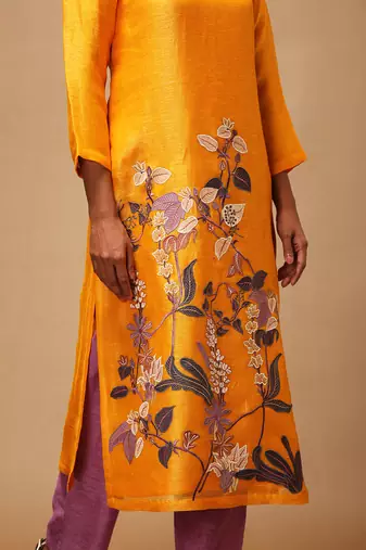 Linen Embroidered Purple Kurta Sets