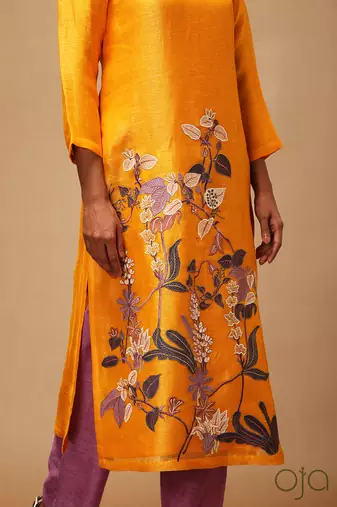 Linen Embroidered Purple Kurta Sets