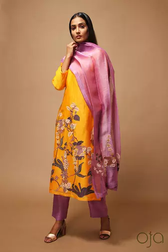 Linen Embroidered Purple Kurta Sets