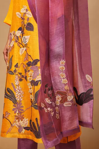 Linen Embroidered Purple Kurta Sets