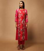 Linen Embroidered Red Kurta Sets