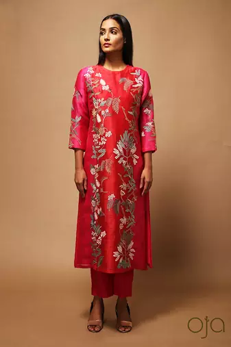 Linen Embroidered Red Kurta Sets