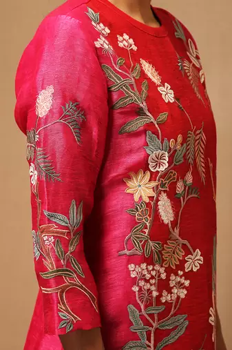 Linen Embroidered Red Kurta Sets