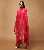 Linen Embroidered Red Kurta Sets