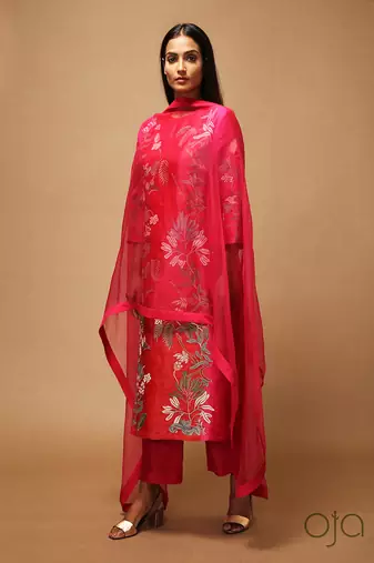 Linen Embroidered Red Kurta Sets