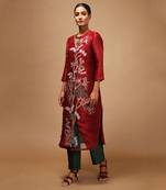 Linen Embroidered Green Kurta Sets