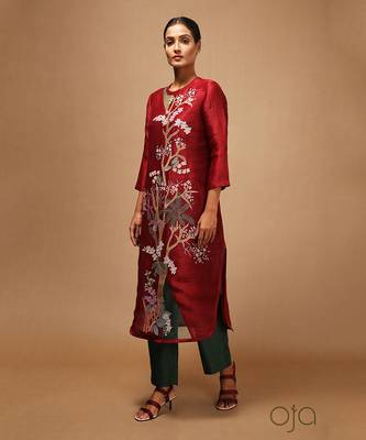 Linen Embroidered Green Kurta Sets 2