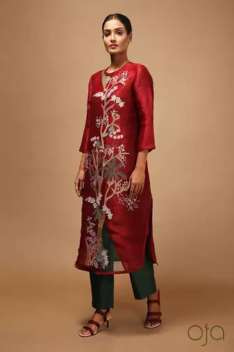 Linen Embroidered Green Kurta Sets