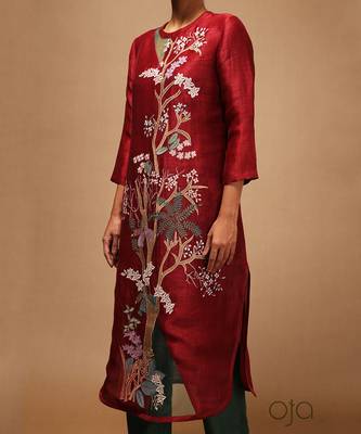 Linen Embroidered Green Kurta Sets 4