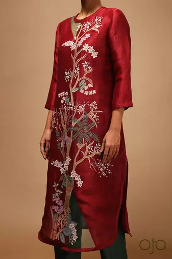 Linen Embroidered Green Kurta Sets