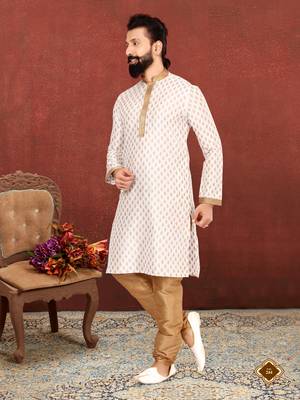 Men Off White Dupion Silk Khari Printed Kurta Churidar Set 7