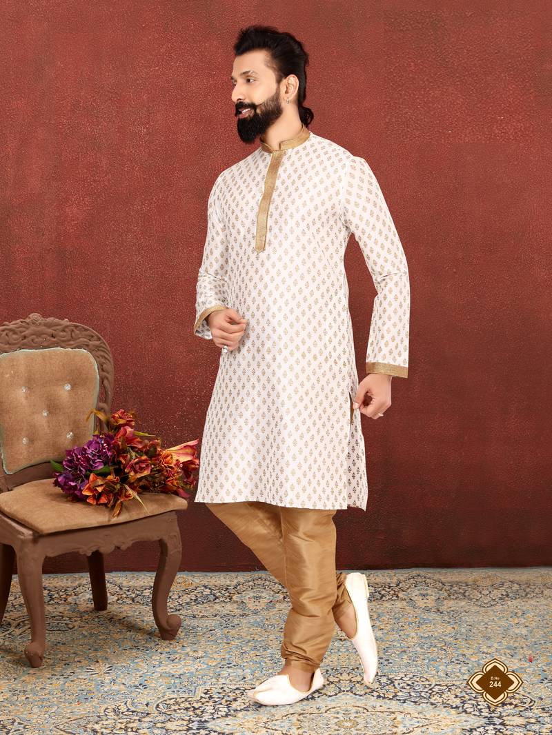 Men Off White Dupion Silk Khari Printed Kurta Churidar Set