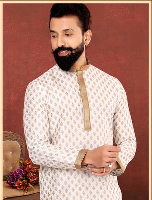 Men Off White Dupion Silk Khari Printed Kurta Churidar Set 1