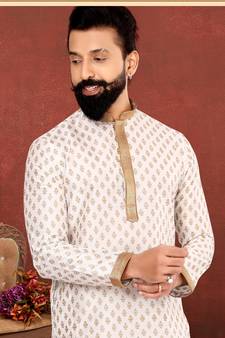 Men Off White Dupion Silk Khari Printed Kurta Churidar Set