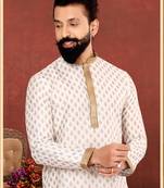 Men Off White Dupion Silk Khari Printed Kurta Churidar Set