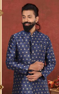 Men Navy Blue Jacquard Silk Dhoti Kurta Set 7