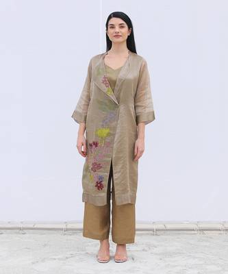 Linen Embroidered Brown Kurta Sets 1