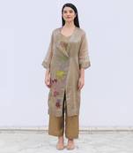 Linen Embroidered Brown Kurta Sets