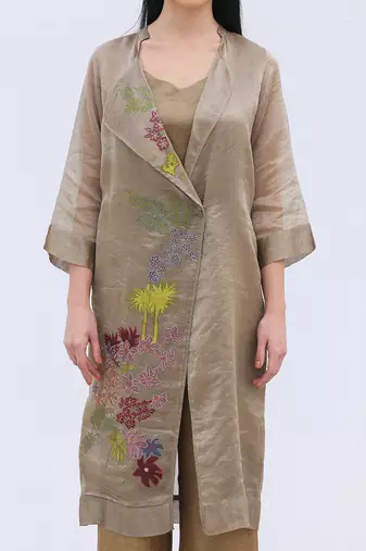 Linen Embroidered Brown Kurta Sets
