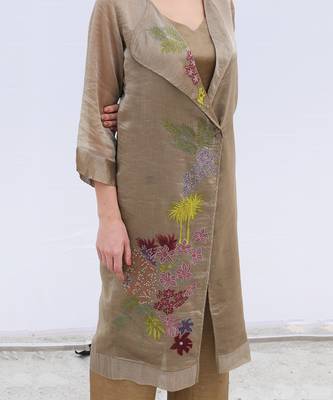 Linen Embroidered Brown Kurta Sets 3