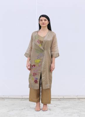 Linen Embroidered Brown Kurta Sets 5