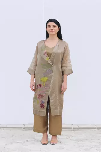 Linen Embroidered Brown Kurta Sets