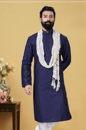 Men Dupion Silk Woven Navy Blue Embroidred Designer Kurta