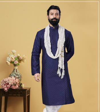 Men Dupion Silk Woven Navy Blue Embroidred Designer Kurta 1