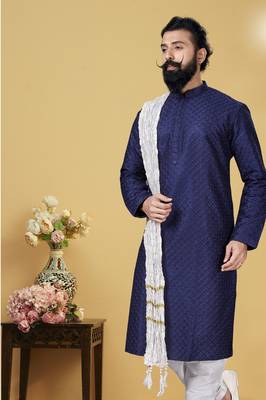 Men Dupion Silk Woven Navy Blue Embroidred Designer Kurta 7