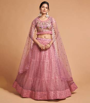 exotic pink soft net sequins embroidered wedding lehenga set choli with dupatta with dupatta 1