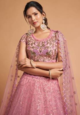 exotic pink soft net sequins embroidered wedding lehenga set choli with dupatta with dupatta 3