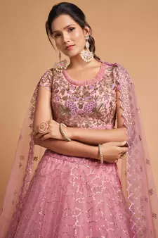 exotic pink soft net sequins embroidered wedding lehenga set choli with dupatta with dupatta