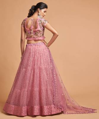 exotic pink soft net sequins embroidered wedding lehenga set choli with dupatta with dupatta 4