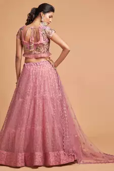 exotic pink soft net sequins embroidered wedding lehenga set choli with dupatta with dupatta