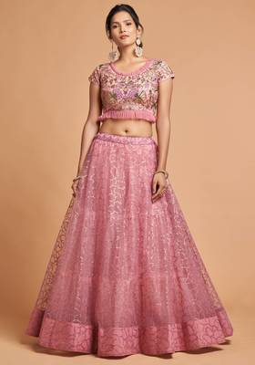 exotic pink soft net sequins embroidered wedding lehenga set choli with dupatta with dupatta 5
