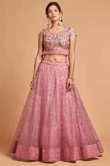 exotic pink soft net sequins embroidered wedding lehenga set choli with dupatta with dupatta