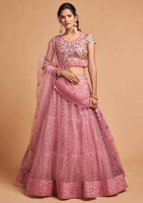 exotic pink soft net sequins embroidered wedding lehenga set choli with dupatta with dupatta 6
